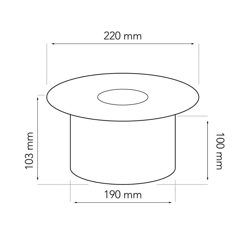 Dimensions diagram of round container with specifications: diameter 220mm, height 100mm, base diameter 190mm.