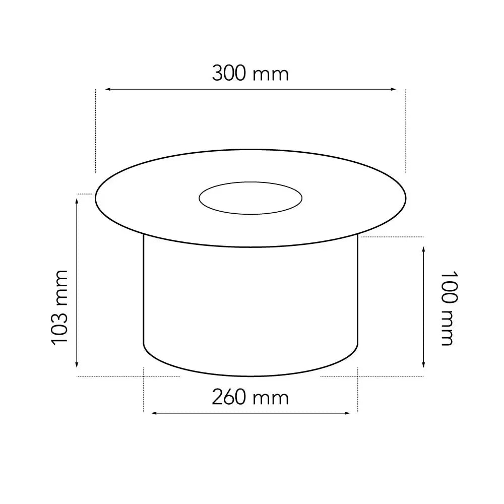 Technical drawing of a round outdoor bioethanol burner with dimensions: 300mm width, 103mm height, 260mm base diameter.