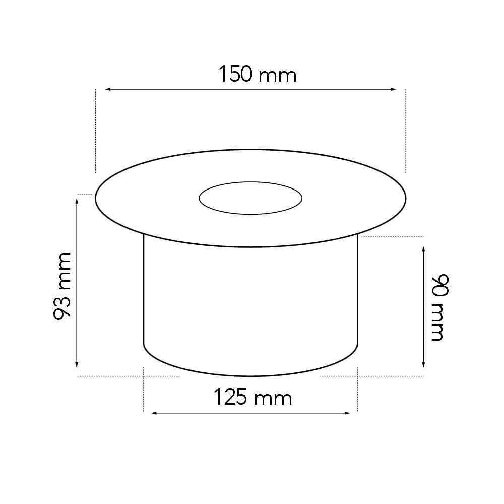 Technical drawing of a round vessel with dimensions: 150mm diameter, 90mm height, and 125mm base.