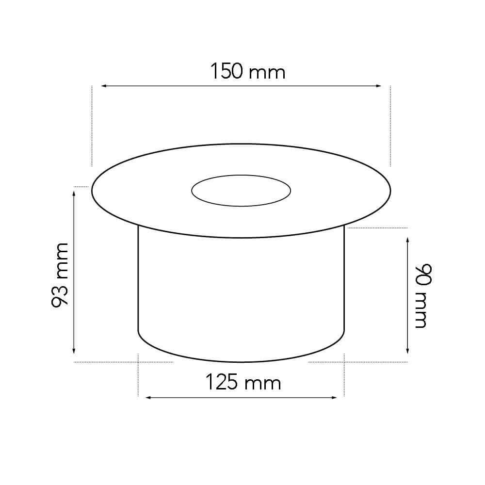 Technical drawing of a round container with dimensions: diameter 150 mm, height 90 mm, and base diameter 125 mm.