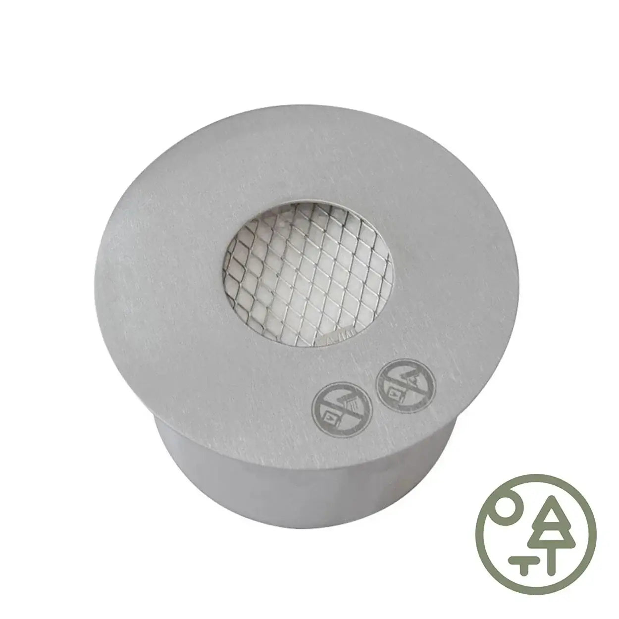 Round stainless steel bioethanol burner with mesh top for outdoor and indoor use.