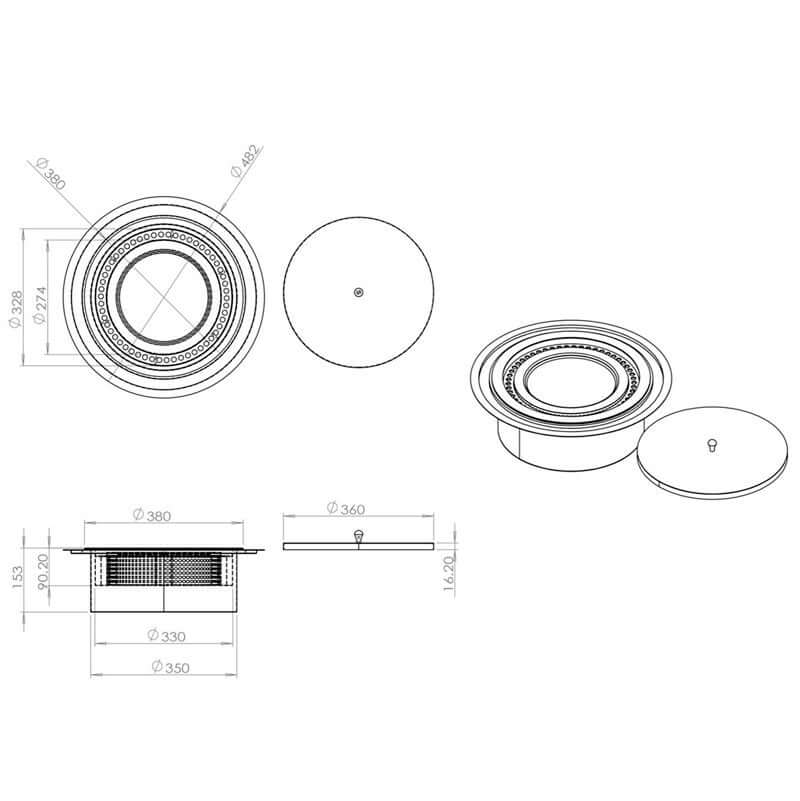 Technical drawing of a Round Bioethanol Burner - 5L, showing dimensions and design details for DIY bio fireplace projects.