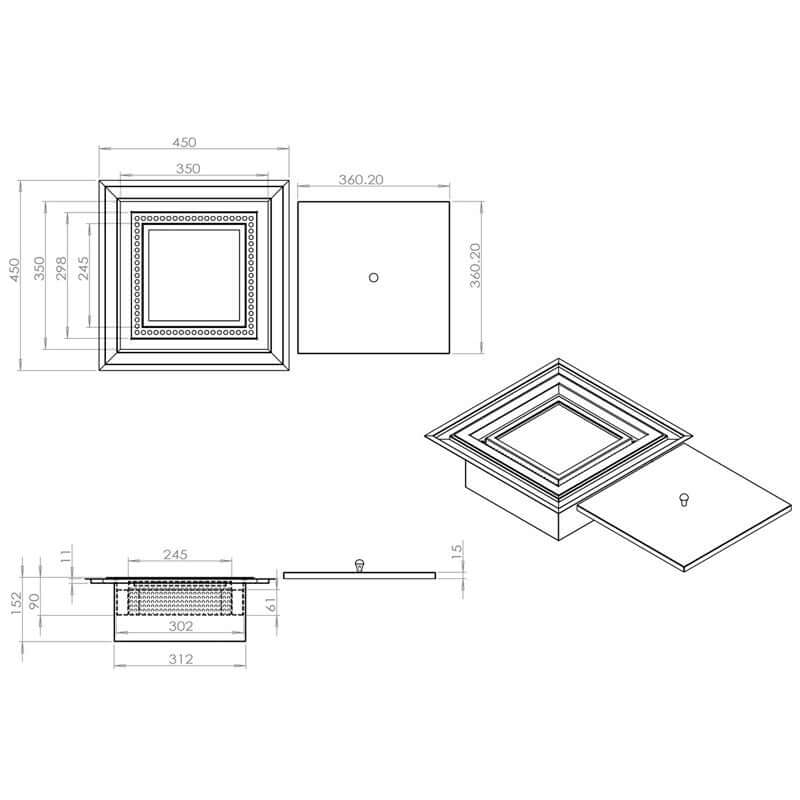Technical drawing of a square bioethanol burner with dimensions and design specifications.