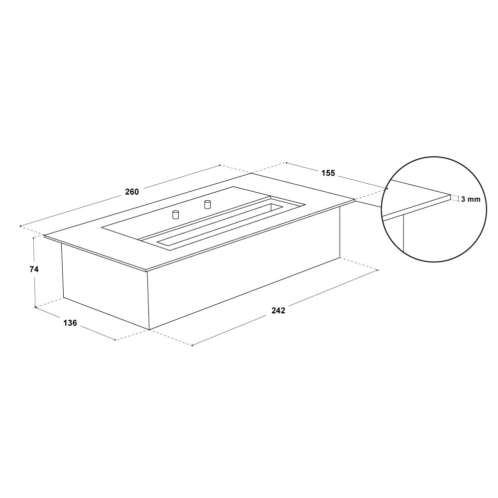Diagram showing dimensions of a 1.5 Litre Bioethanol Burner with key measurements.