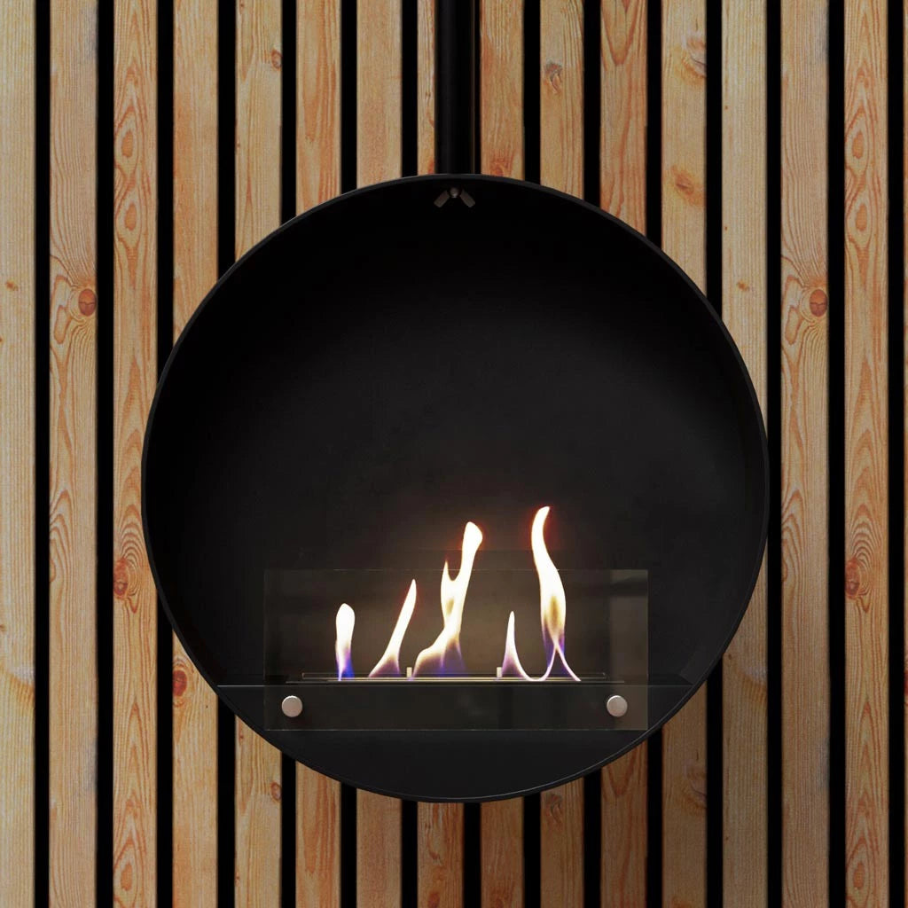 Ottawa Black 60 cm hanging bioethanol fireplace showcasing flames against a wooden backdrop.