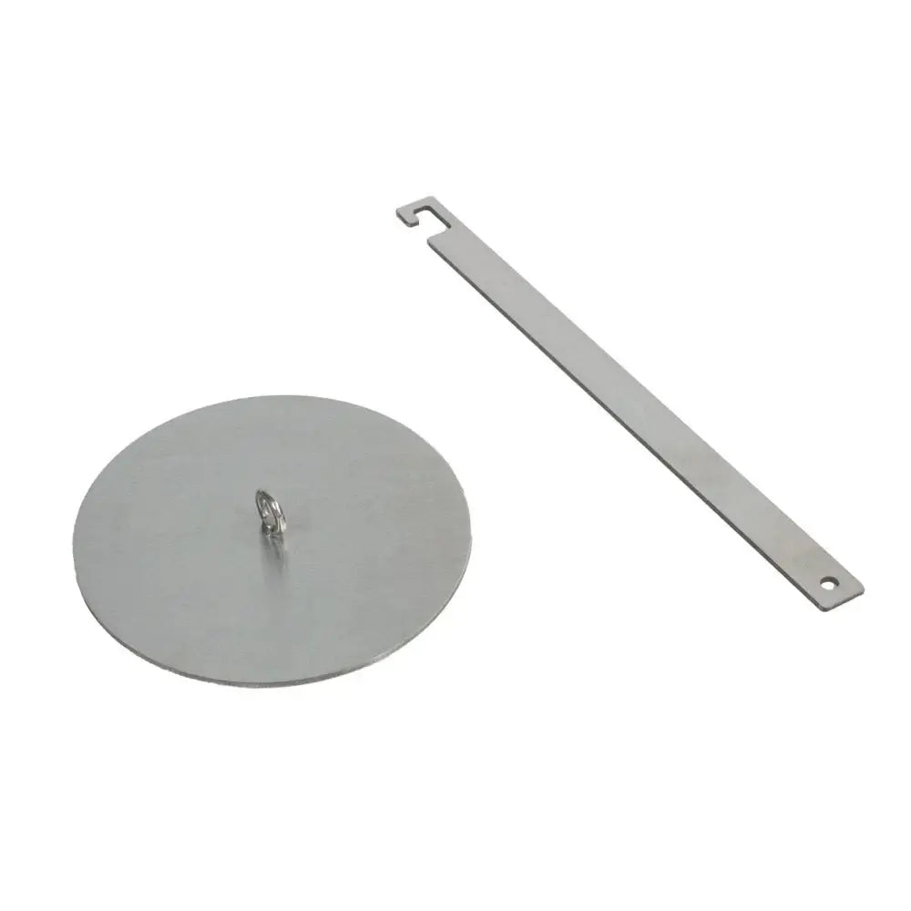 Stainless steel cover and tool for large round outdoor bioethanol burner, designed for safety and ease of use.