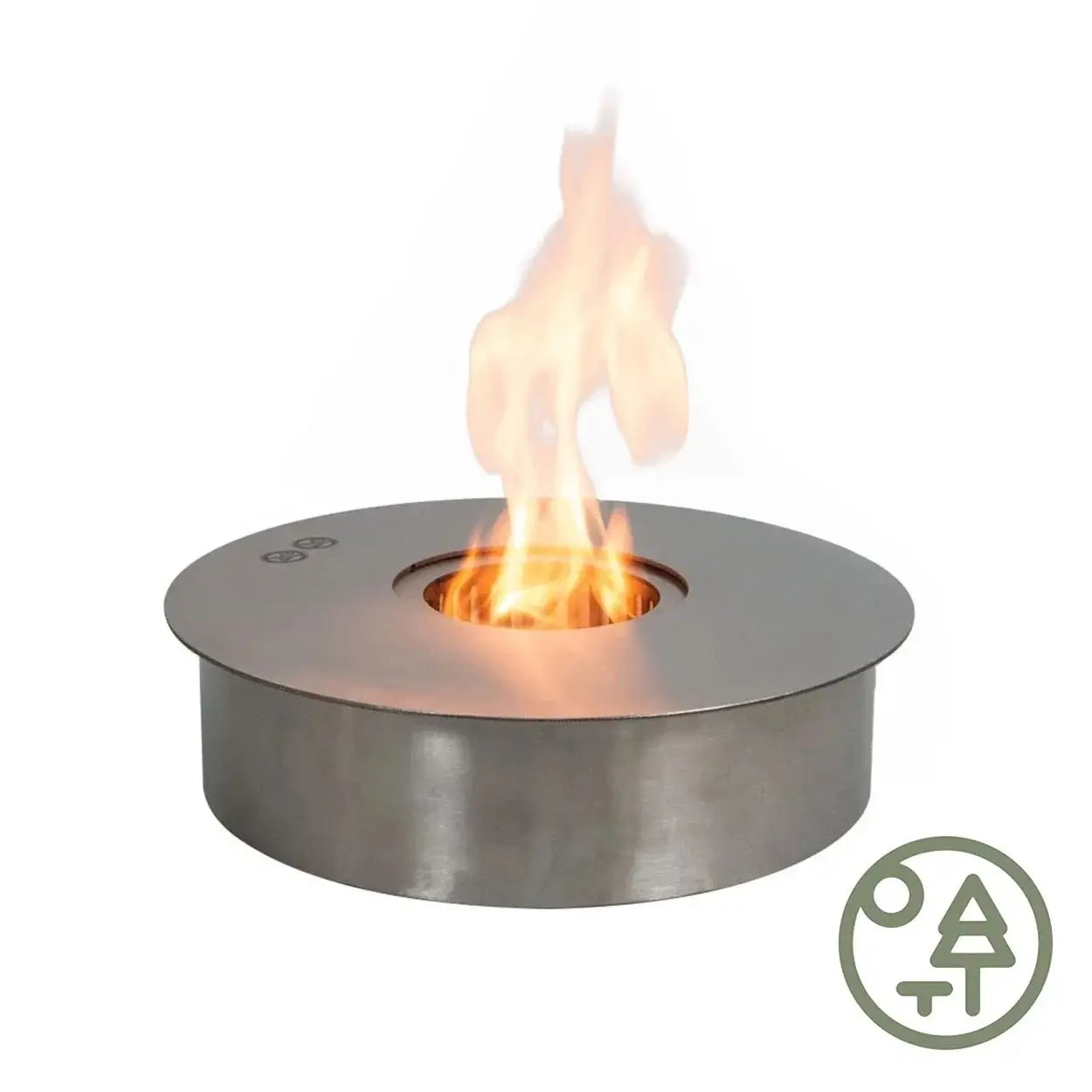Large round outdoor bioethanol burner with a flame, designed for stylish heating solutions.