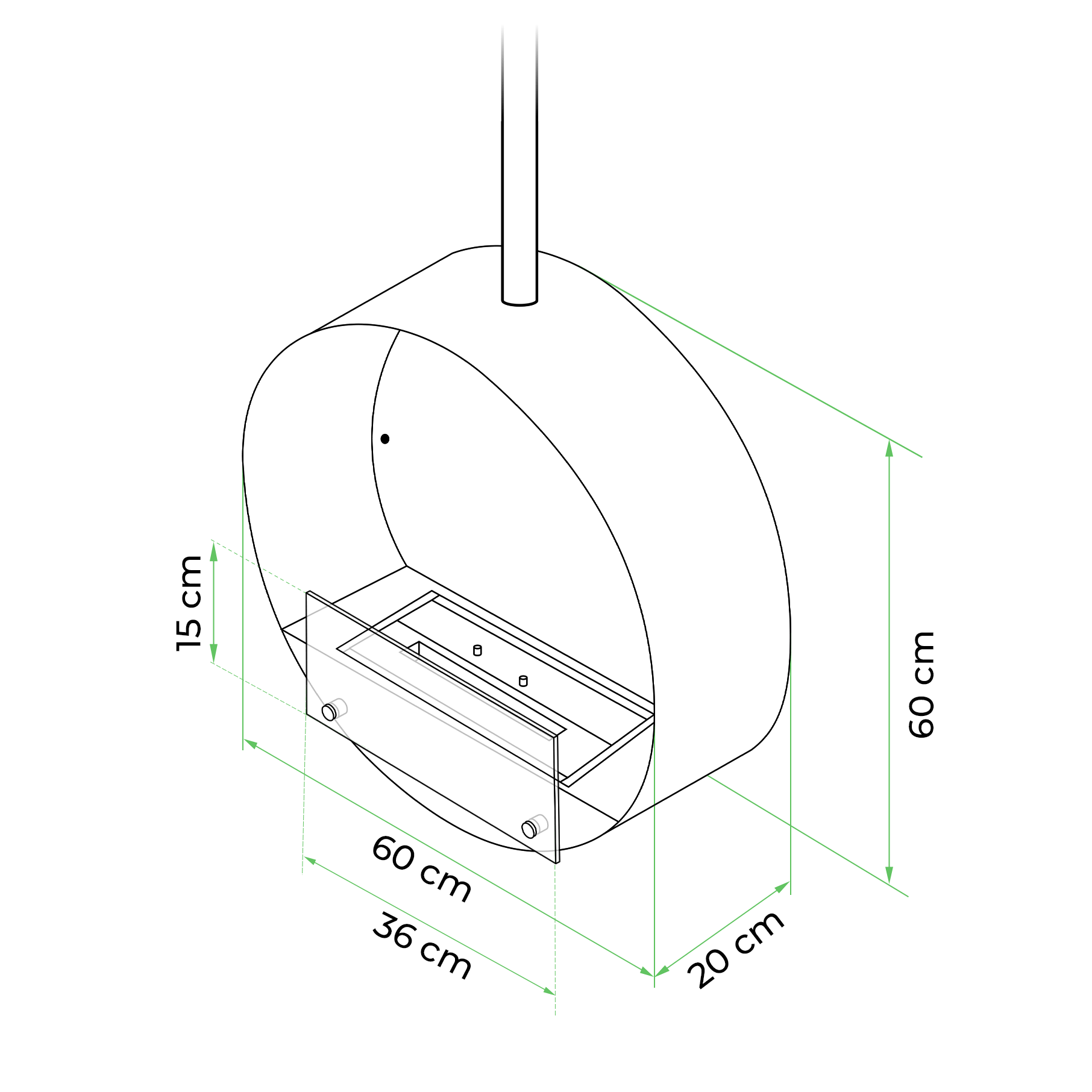 Ottawa Black suspended bioethanol fireplace dimensions with 60 cm diameter and 1.5 litre burner specifications.