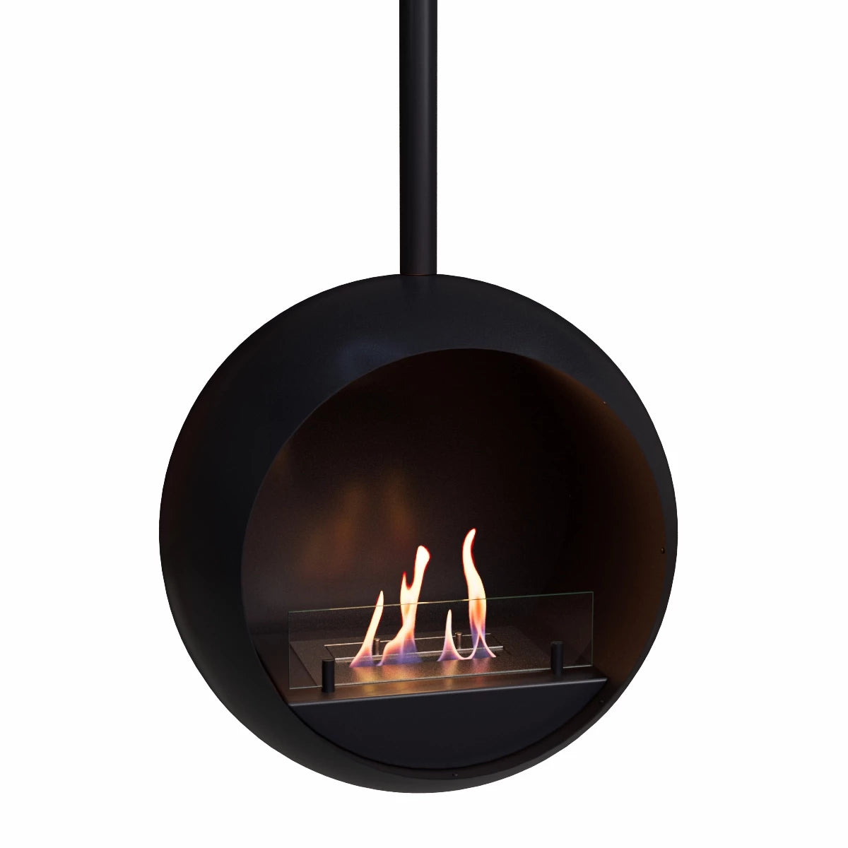 Edmonton round suspended bioethanol fireplace, stylish design showcasing flames visible from the front.
