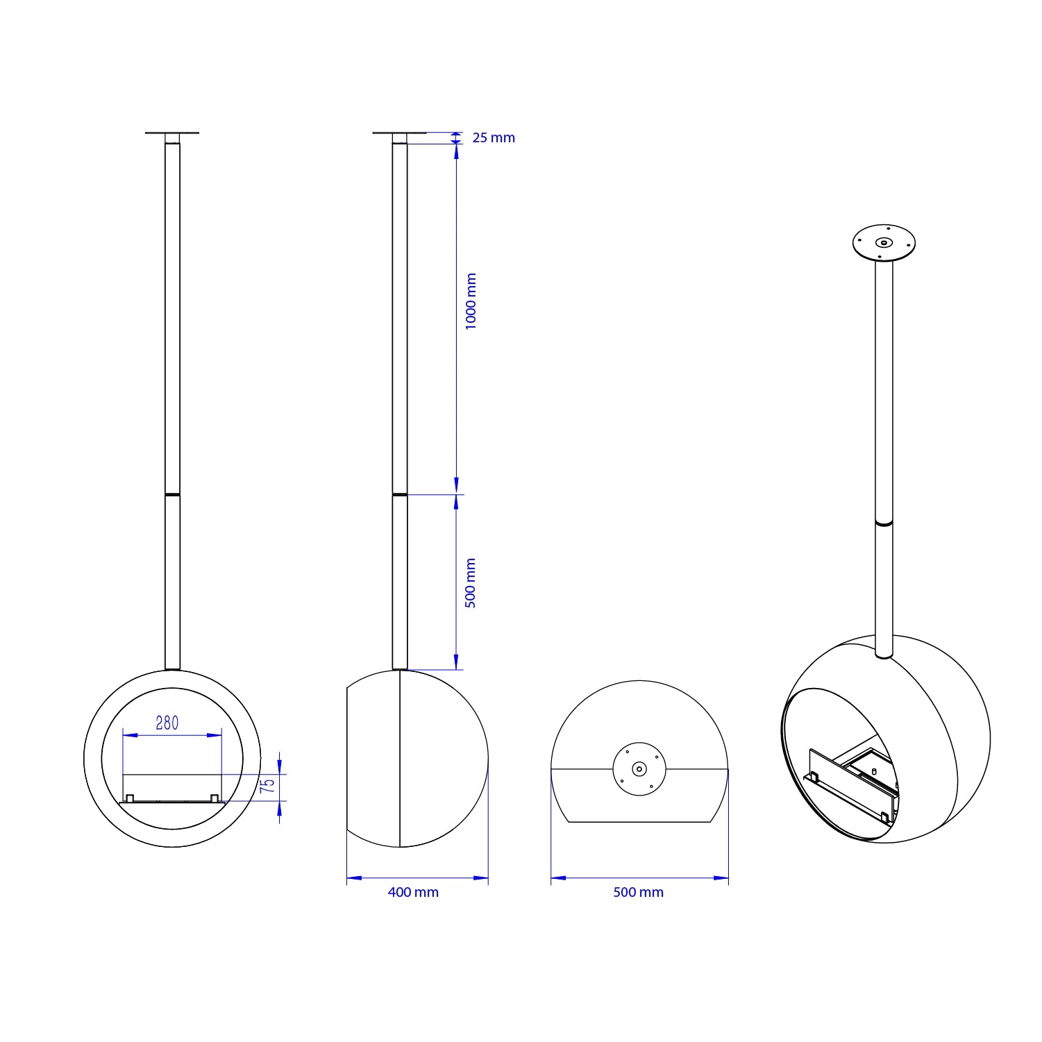 Technical drawing of Edmonton round suspended bioethanol fireplace with dimensions for installation.