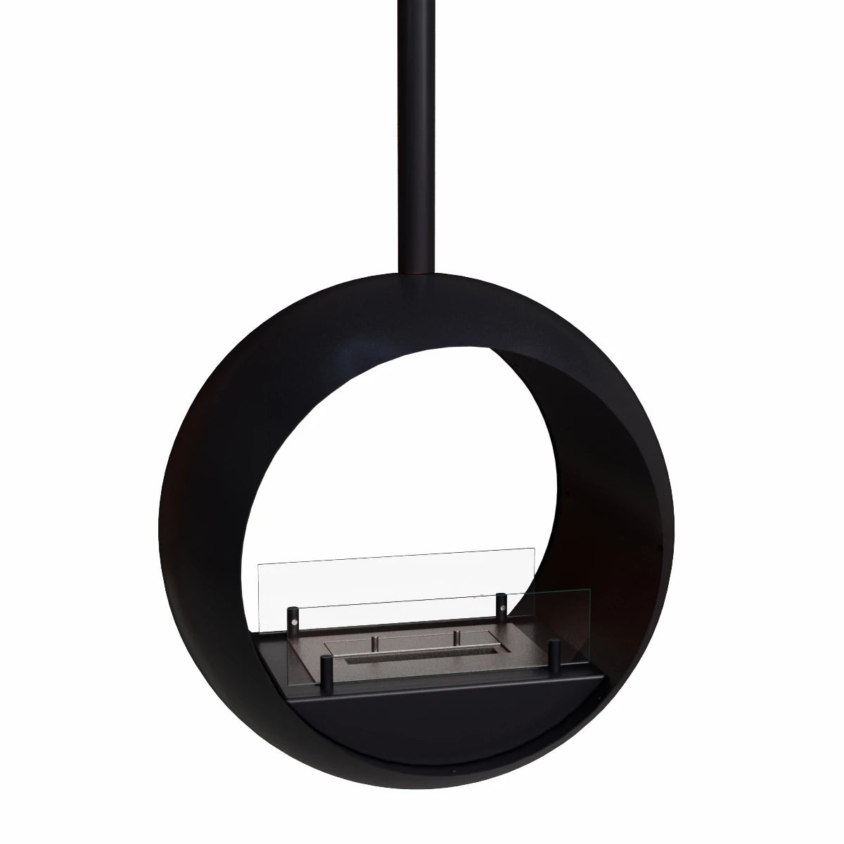 Edmonton 2-sided suspended bioethanol fireplace with safety glass, modern design and dual flame view.