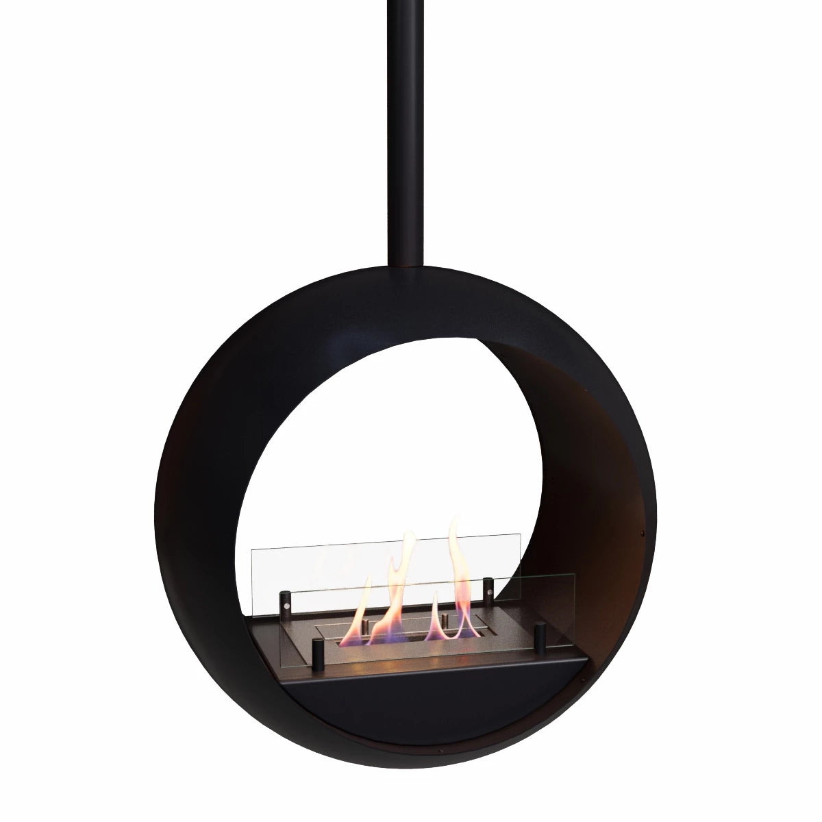 Edmonton 2-sided suspended bioethanol fireplace with glass safety shield and visible flames.