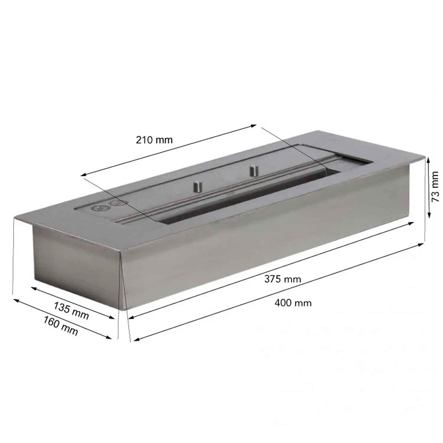 Dimensions of Superior 2L Ethanol Burner, made of stainless steel, perfect for bioethanol fireplaces.