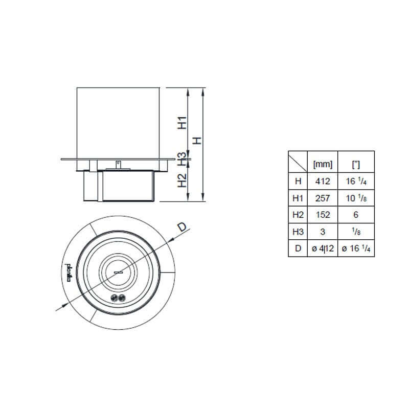 Diagram showing dimensions and specifications for the Planika Rondo Commerce Insert bioethanol fireplace.