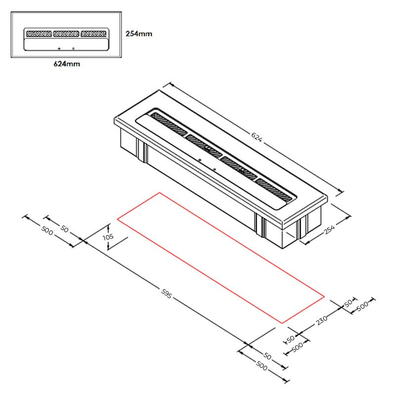 Icon Fires Mid Burner 614 Steel technical drawing with dimensions for installation and design reference.