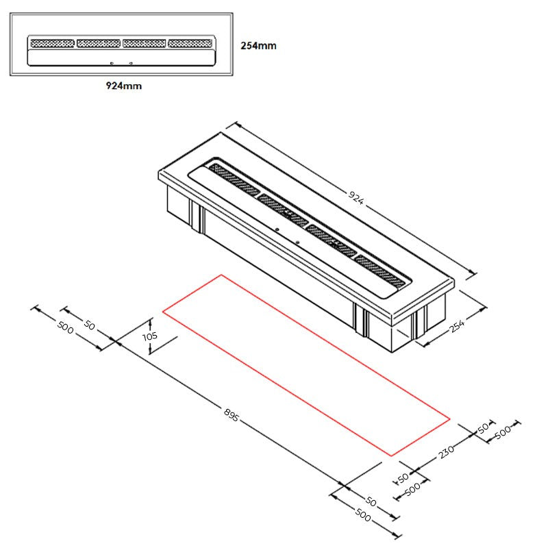 Diagram of Icon Fires Long Burner Steel, showing dimensions and design features for optimal installation.