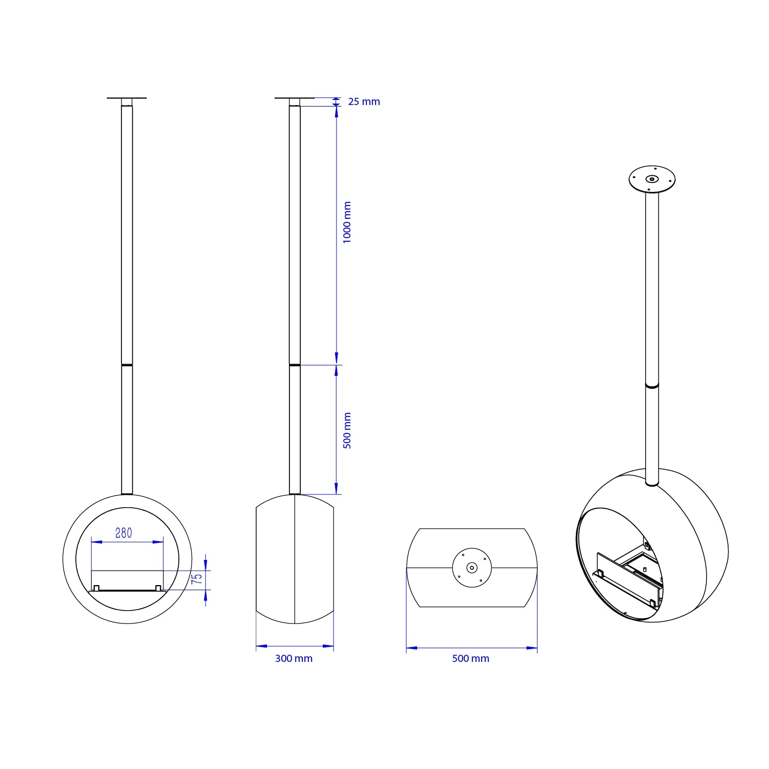 Technical drawing of Edmonton 2-sided suspended bioethanol fireplace with measurements and design details.