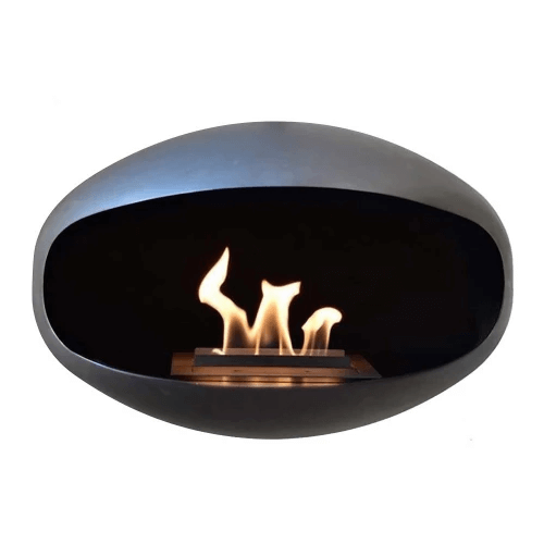 Cocoon Shell Black bioethanol fireplace with flames, oval design, sleek modern look, suitable for Cocoon Aeris and Pedestal.