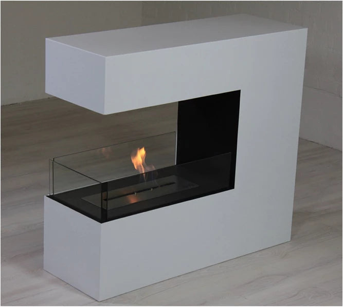 Topeka White freestanding bioethanol fireplace with glass front and modern design, perfect for indoor spaces.