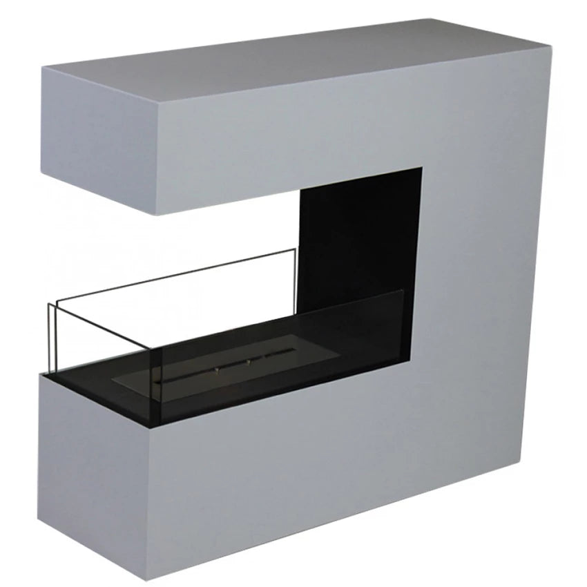 Topeka White powder-coated steel biofireplace with a large glass incision for an optimal flame view.