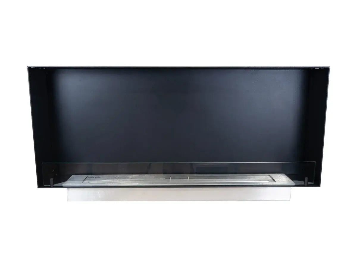 Sleek black built-in bioethanol fireplace Foco One 1200 Slim with stainless steel burner and glass panel.