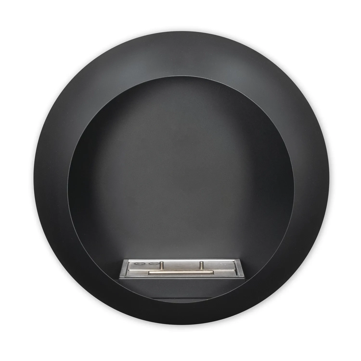 Wall mounted bioethanol fireplace in sleek round design with steel burner, ideal for modern interiors.
