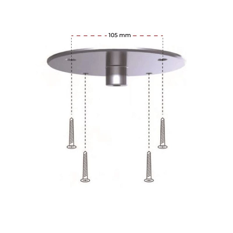 Ceiling mount for Cocoon Aeris bioethanol fireplace, showing dimensions and attachment screws.