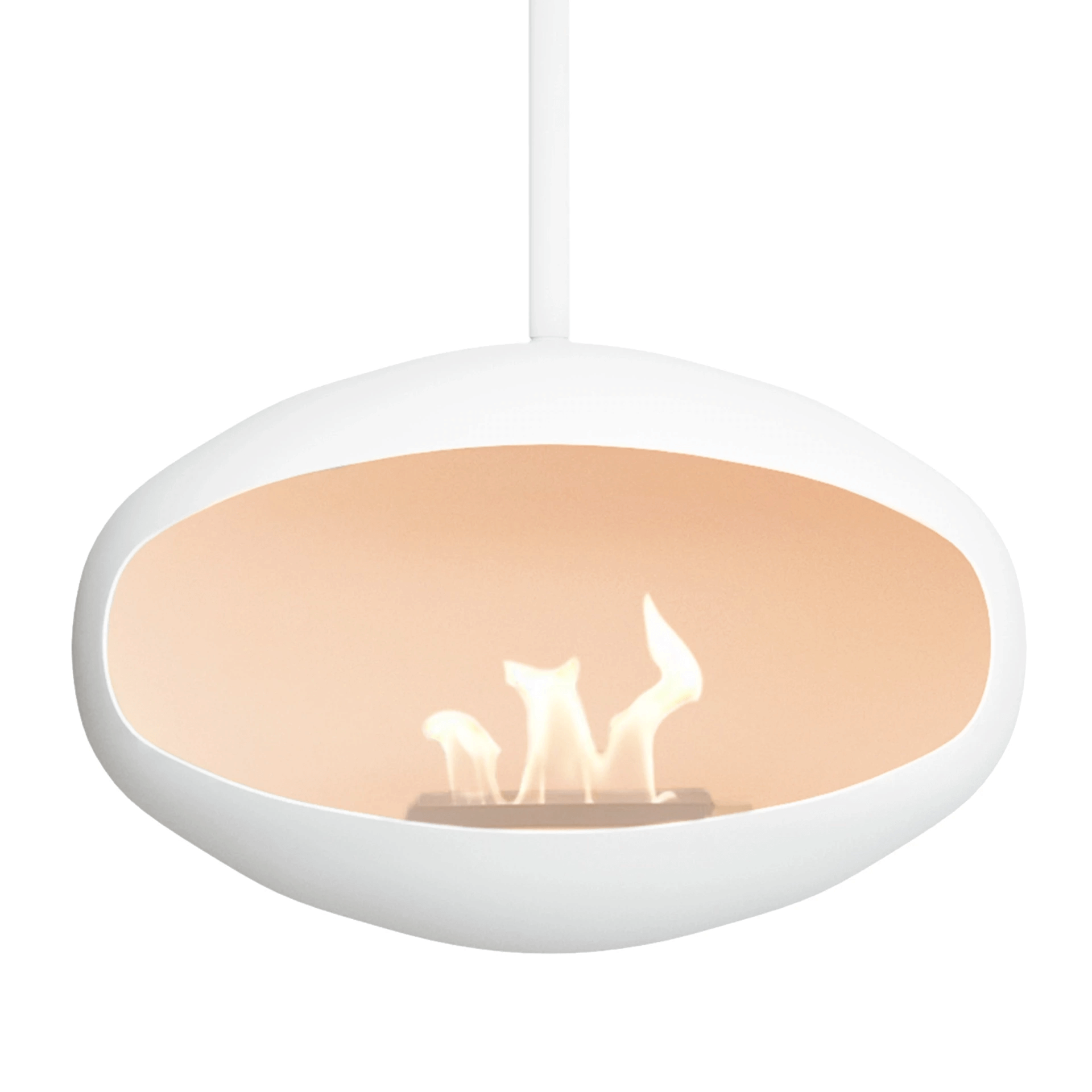Cocoon Aeris ceiling-hung bioethanol fireplace in matte white, showcasing flames for a modern aesthetic.
