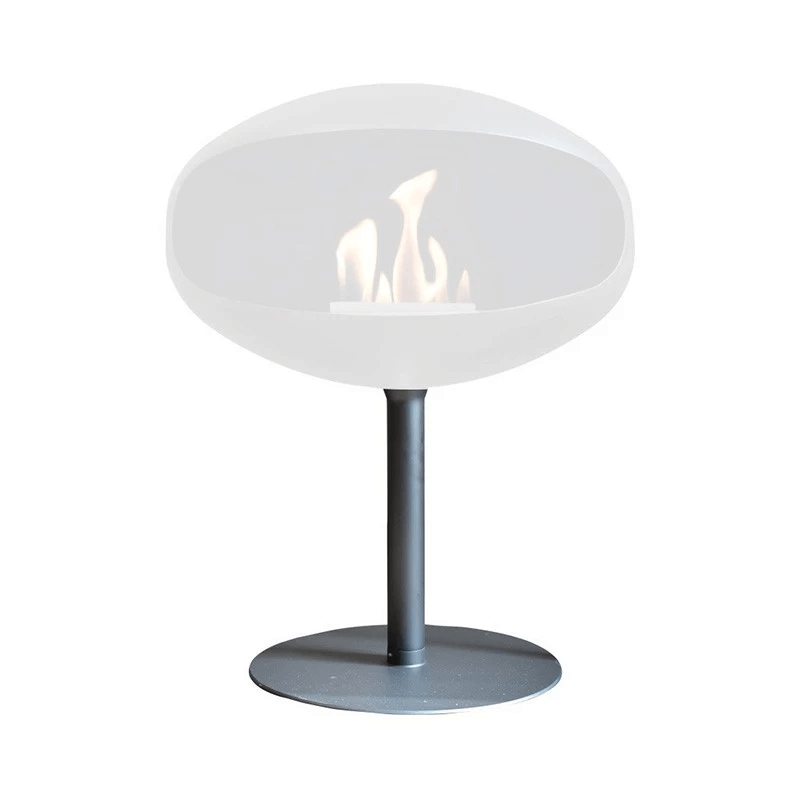 Cocoon Pedestal Base in matte black with bio fireplace, ideal for transforming hanging fireplaces to freestanding.