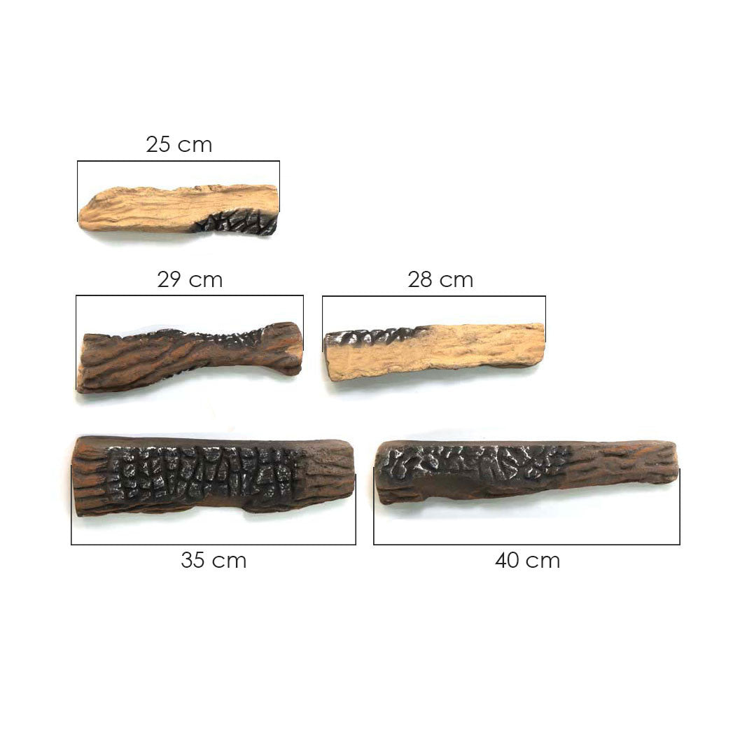 Ceramic wood pieces for bio fireplace, showcasing five sizes: 25cm, 28cm, 29cm, 35cm, and 40cm, in natural brown hues.