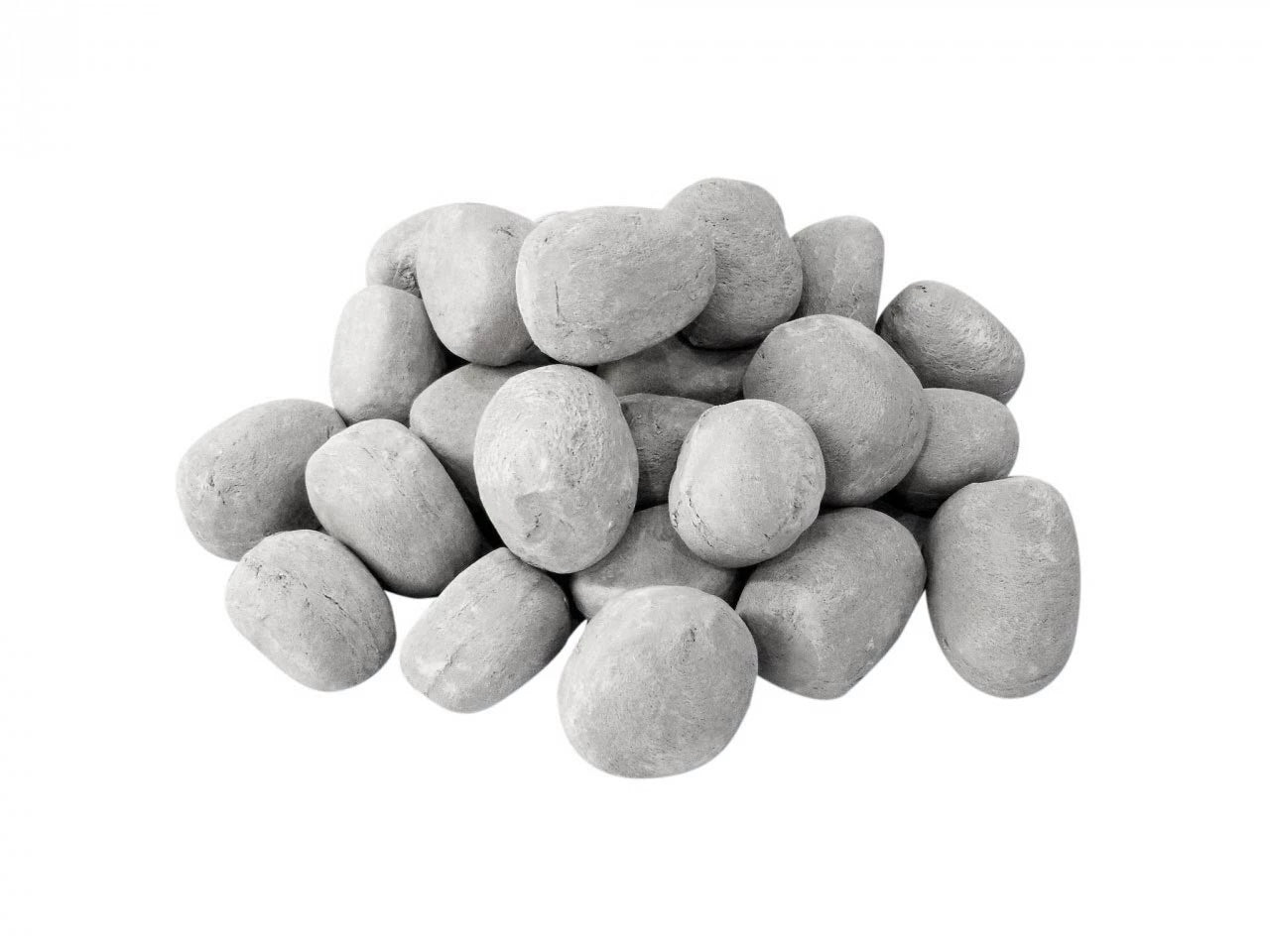 Grey ceramic pebbles for decorative use, ideal for bio fireplaces, featuring a smooth finish in a 24-piece set.