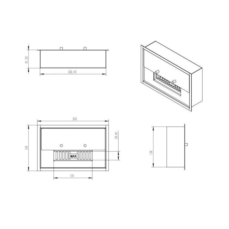 Dimensions and technical drawing of a 1 Litre Deluxe Bioethanol Burner showcasing front, side, and top views.