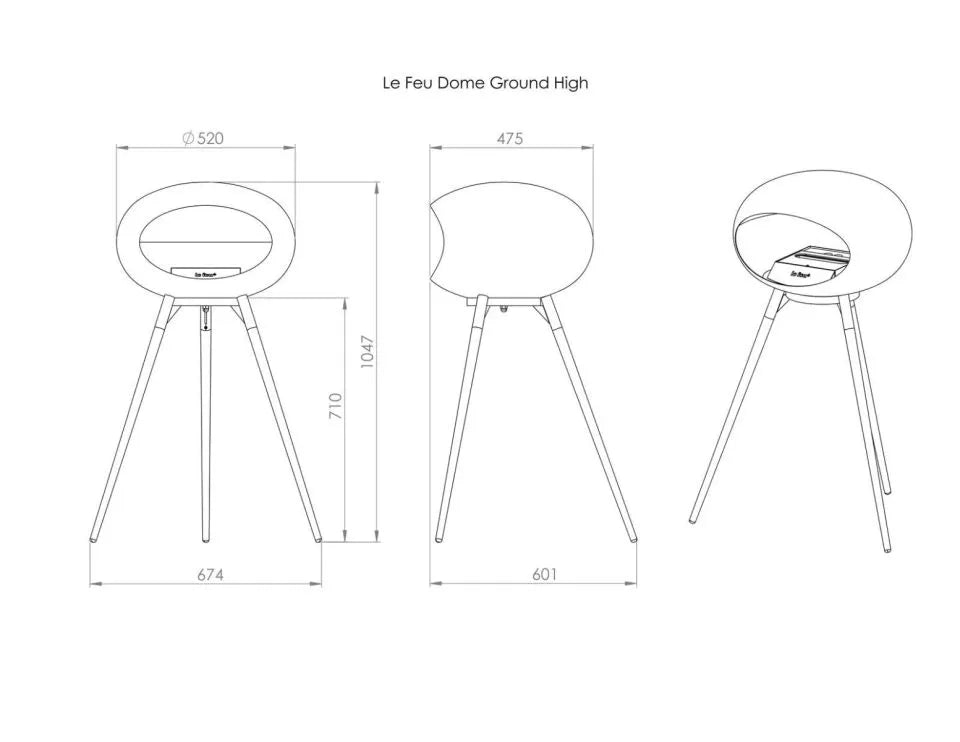 Le Feu Dome Ground High bioethanol fireplace design with dimensions, showcasing a stylish and portable heating solution.