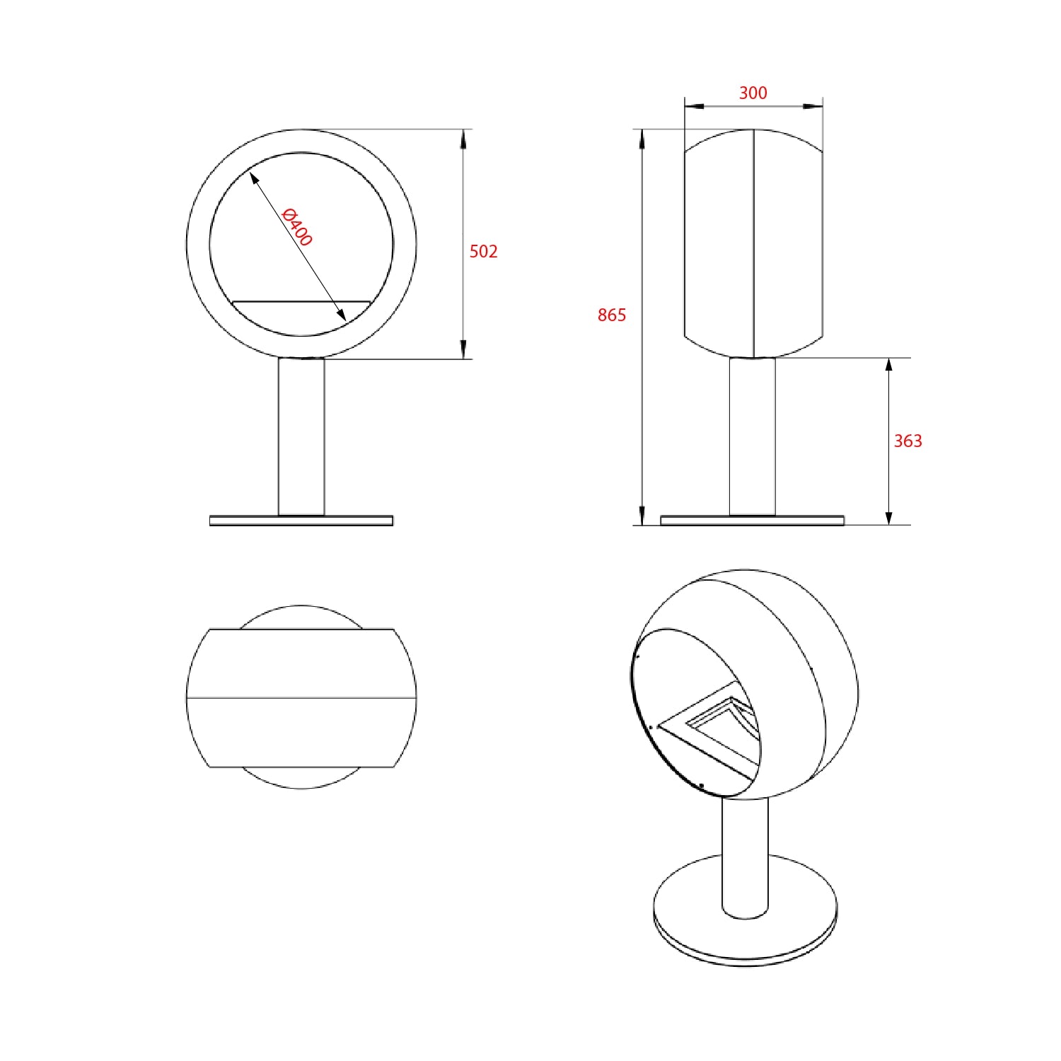 Dimensions and design sketches of the Edmonton 2-sided freestanding bio fireplace, showcasing its round shape and height.