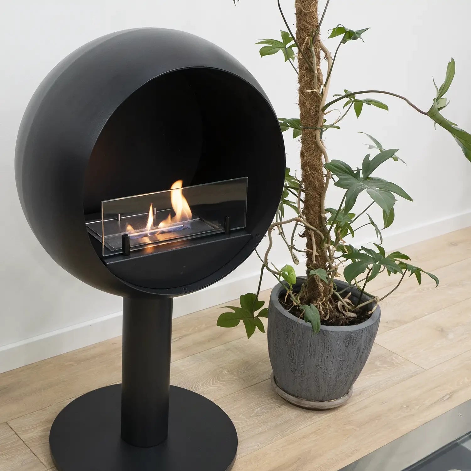Edmonton freestanding bioethanol fireplace with round black design and flames, placed beside a potted plant.