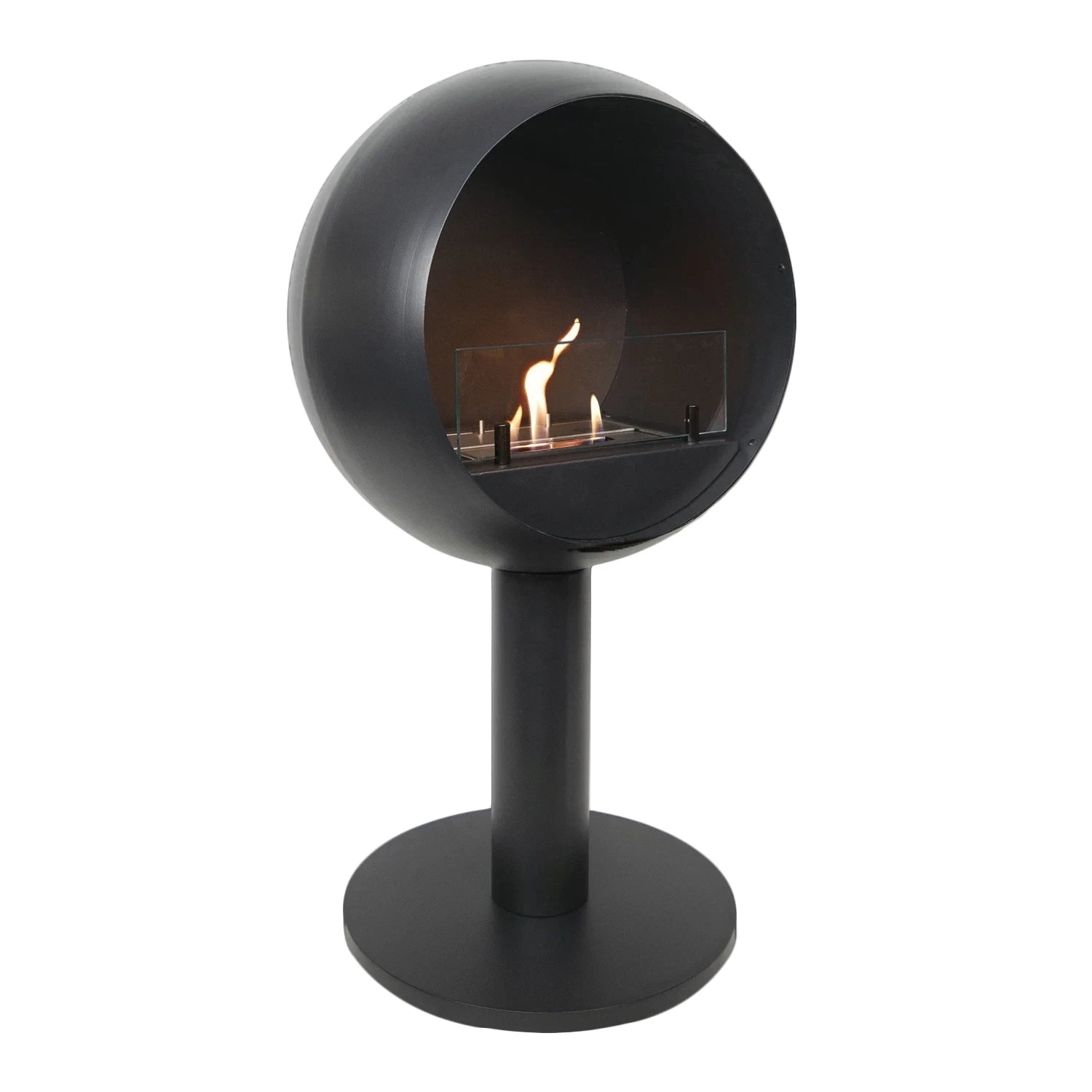 Edmonton freestanding bioethanol fireplace in black round design, showcasing elegant flames for modern home decor.