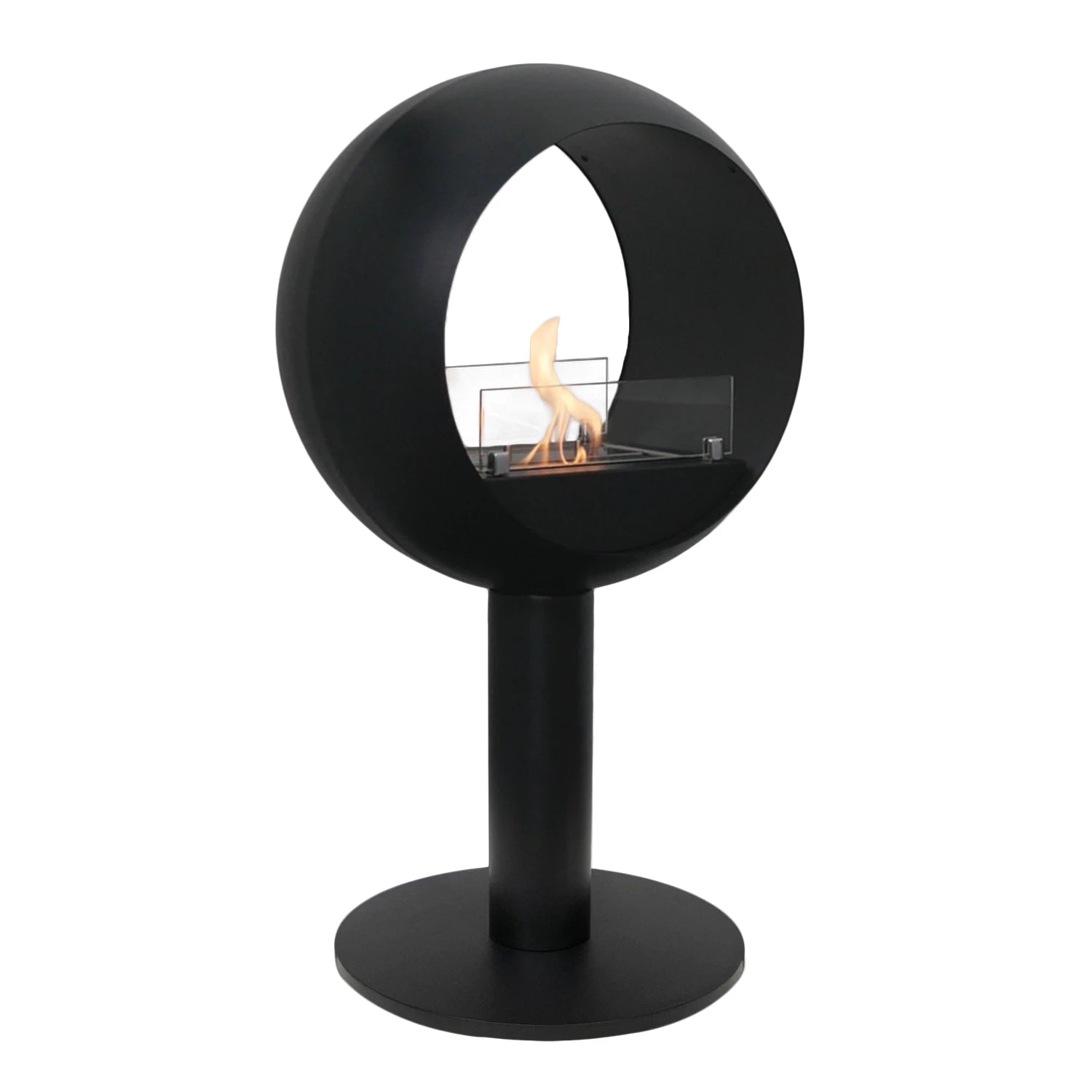 Edmonton 2-sided freestanding bio fireplace with black round frame and visible flames, designed for floor placement.