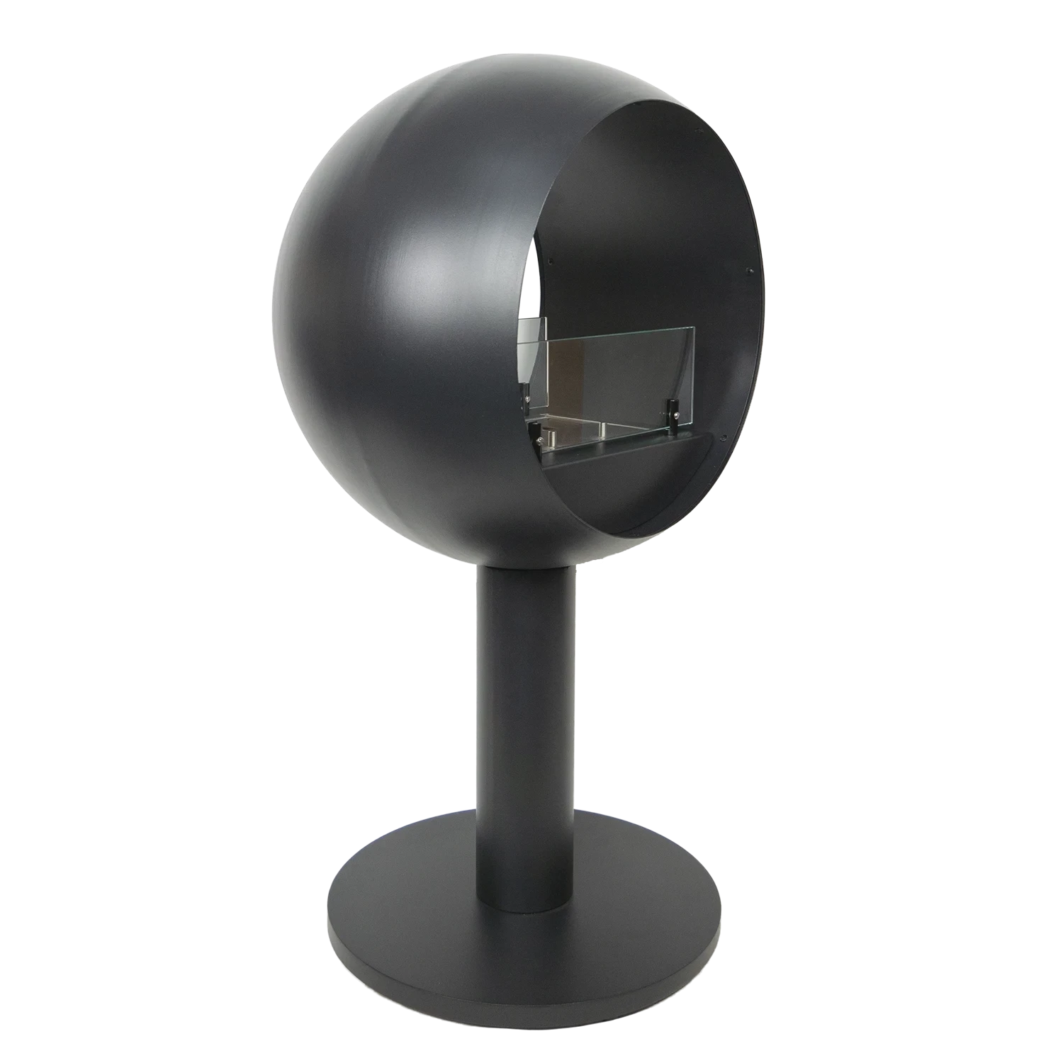 Edmonton 2-sided freestanding round biofireplace with black sphere design and visible flames from two sides.