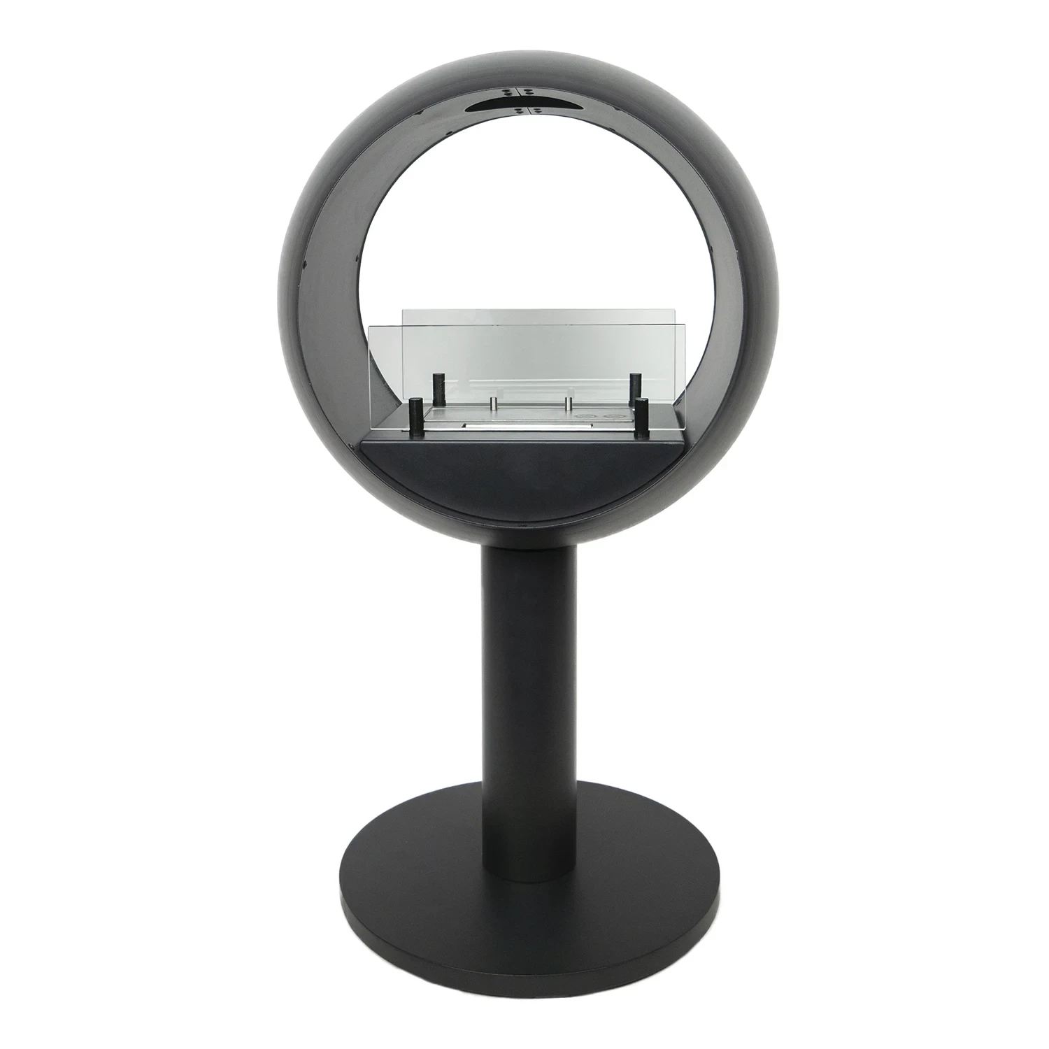 Edmonton 2-sided freestanding bio fireplace with black round frame and visible flames from two sides.