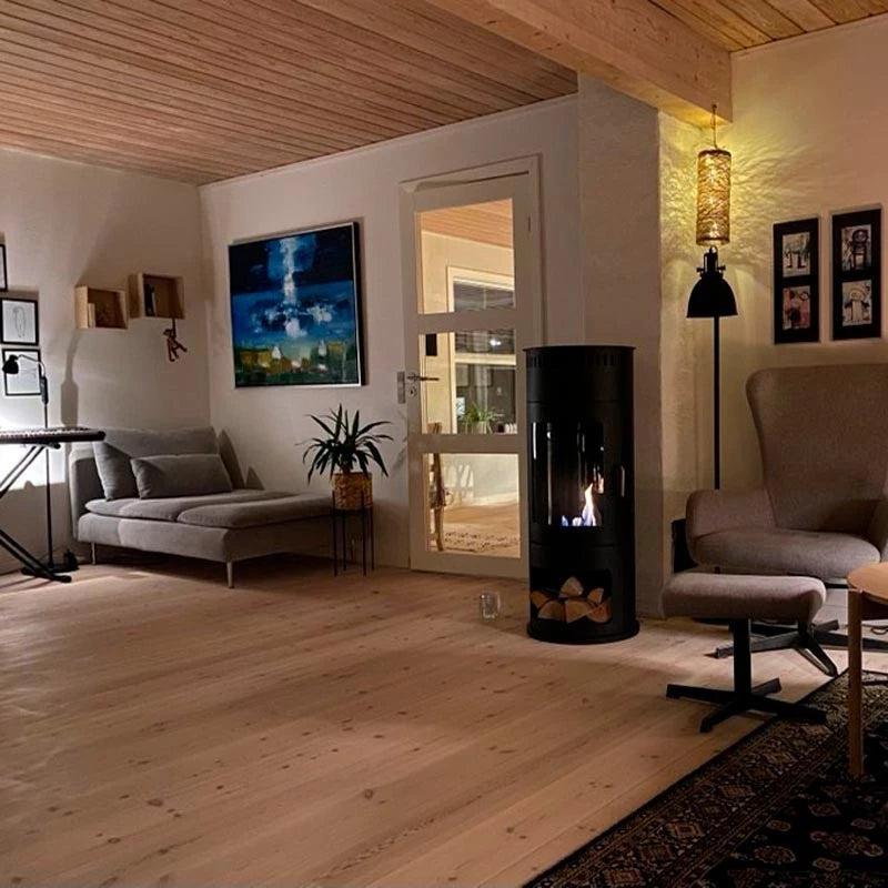 Washington bioethanol wood-burning stove in a cozy living room setting, highlighting its modern design and ambiance.
