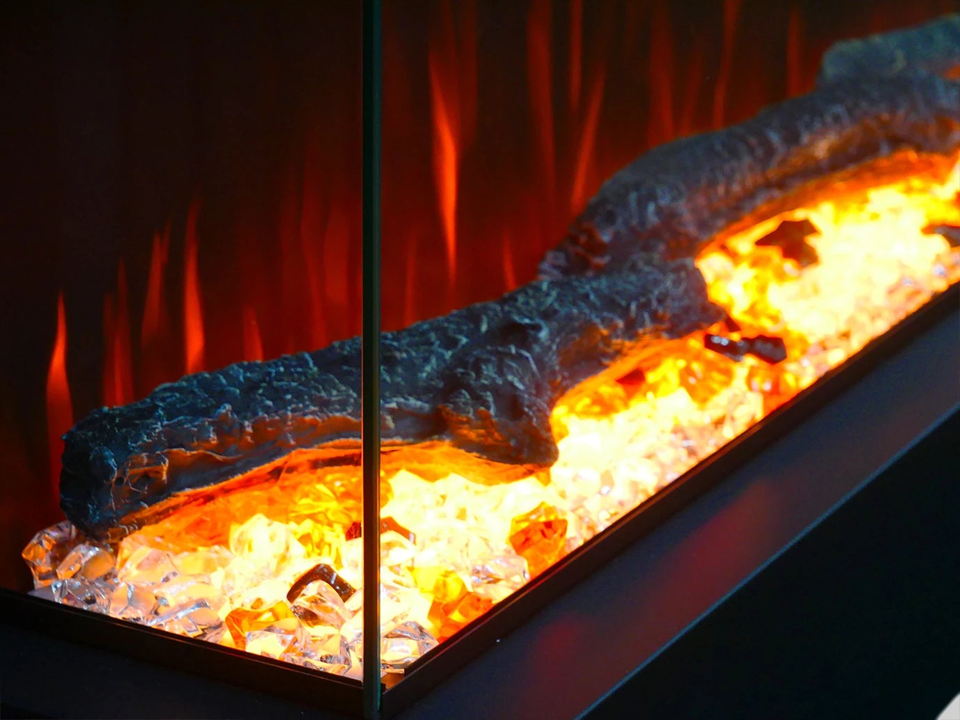 Feroza 137 cm wall-mounted electric fireplace with realistic flames and decorative wood and crystal display.
