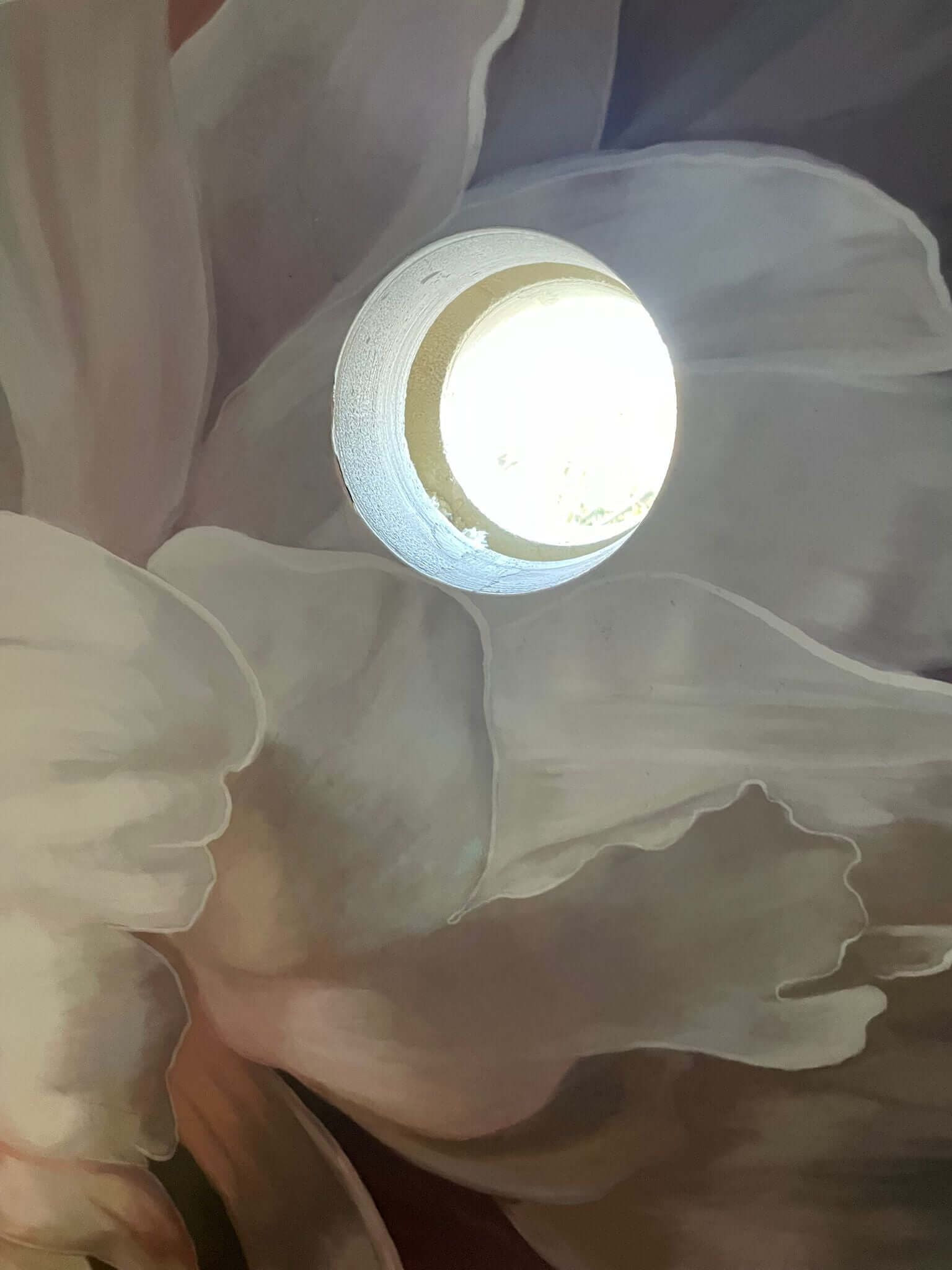 Close-up of a glowing light fixture amid soft floral art, highlighting intricate petal details.