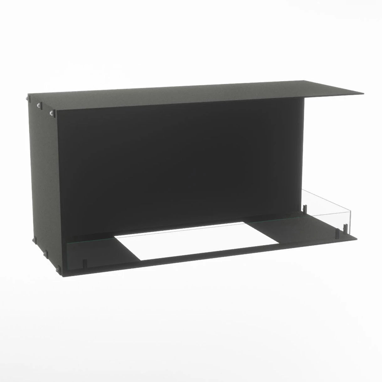 Foco Myst Corner Right 1000 modern water vapour fireplace, showcasing sleek black design and eco-friendly technology.