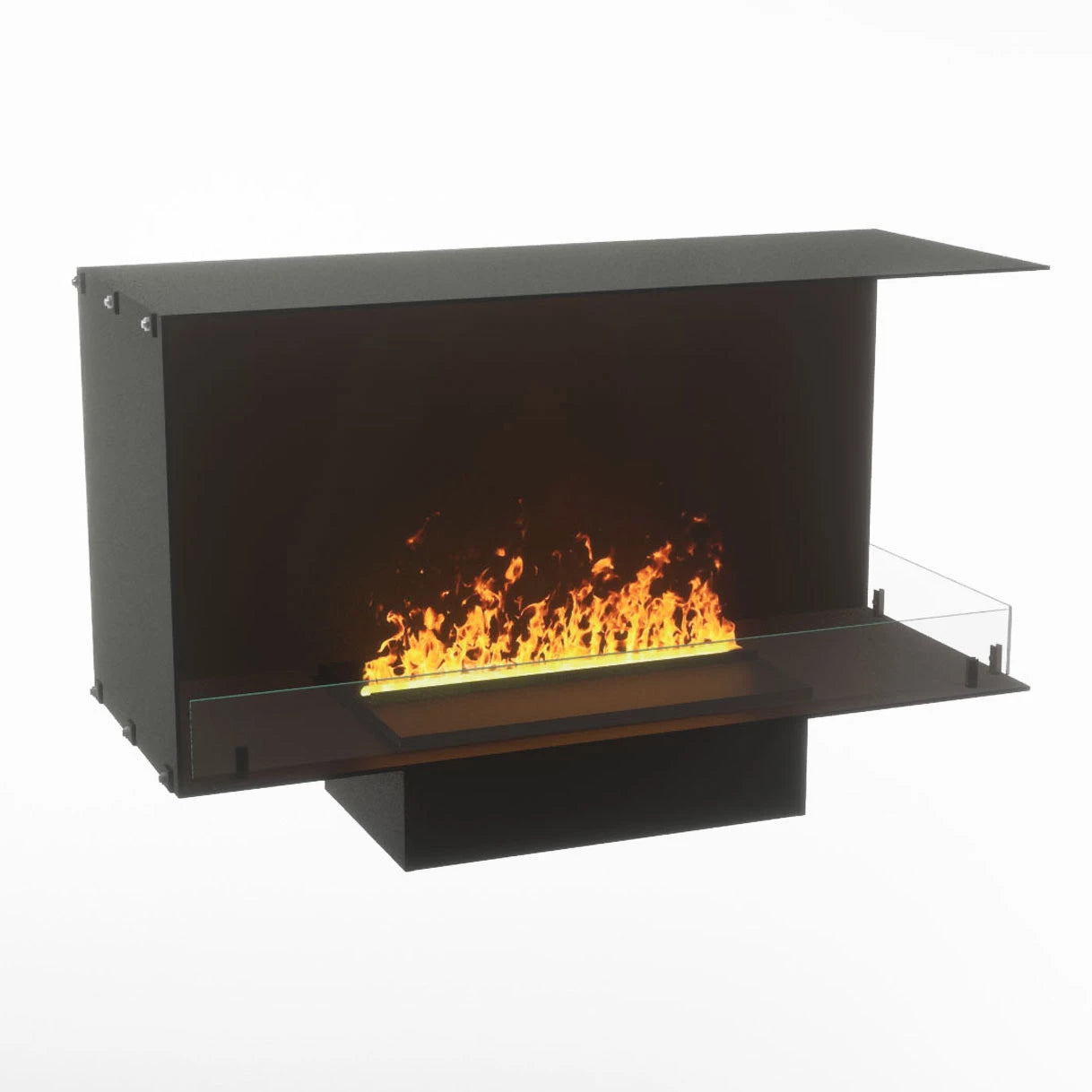 Foco Myst Corner Right 1000 fireplace with mesmerizing water vapor flames and modern design.