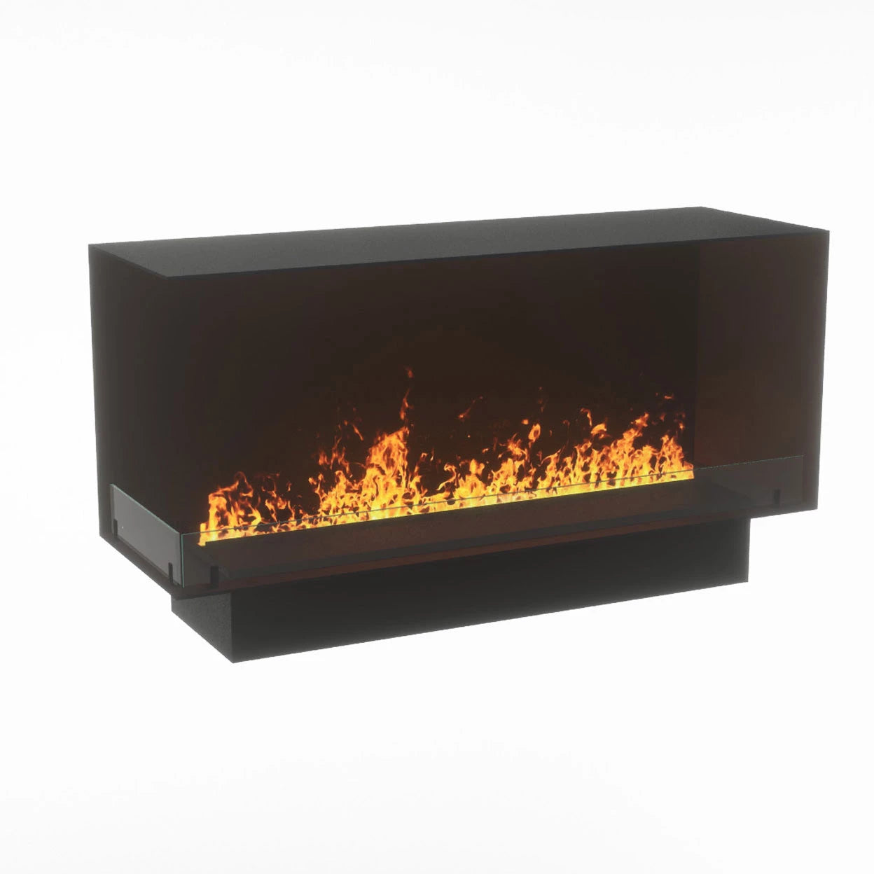Foco Myst Corner Left 1200 fireplace with realistic water vapour flames, modern design for eco-friendly living.