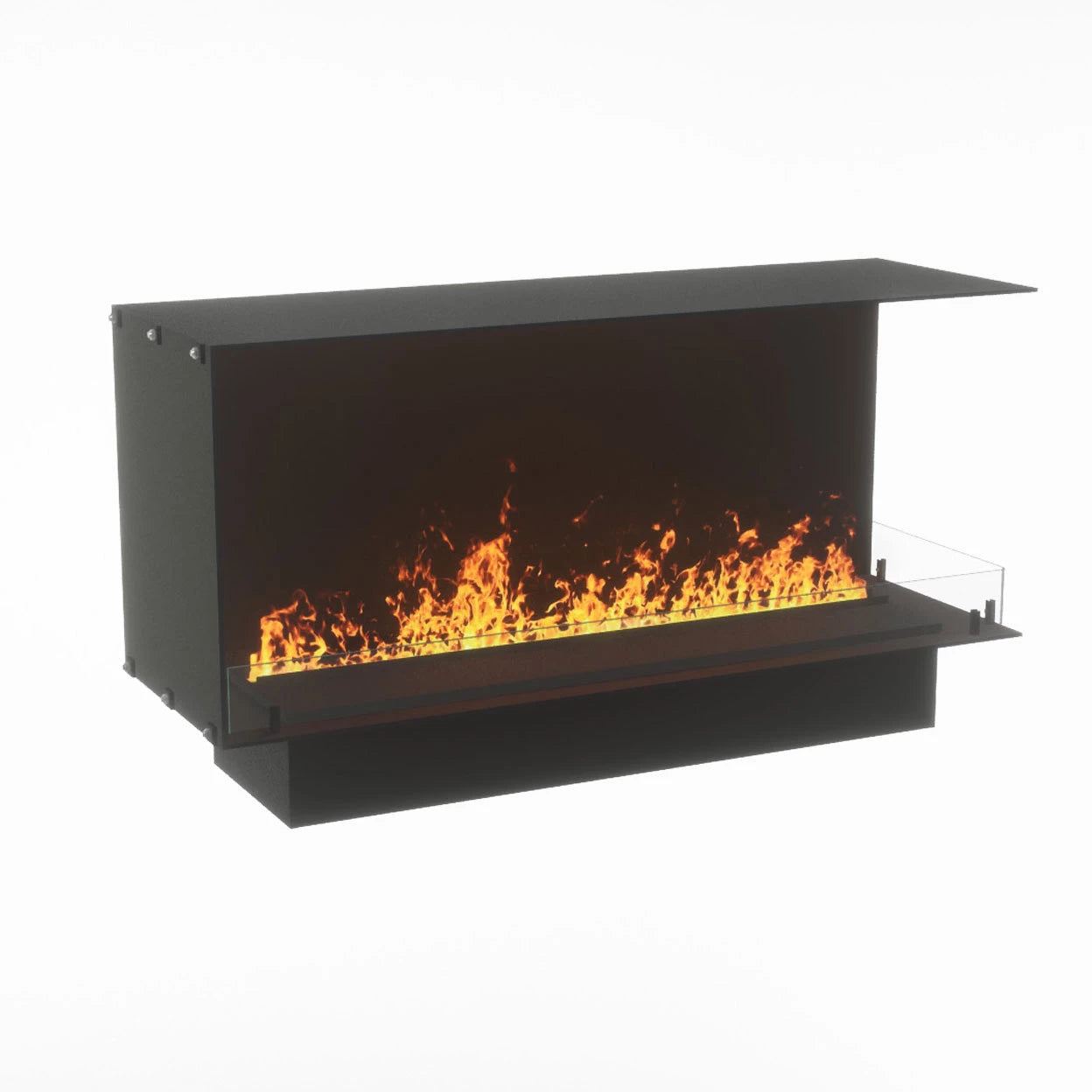 Foco Myst Corner Right 1200 fireplace with realistic water vapour flames, modern design for eco-friendly living.