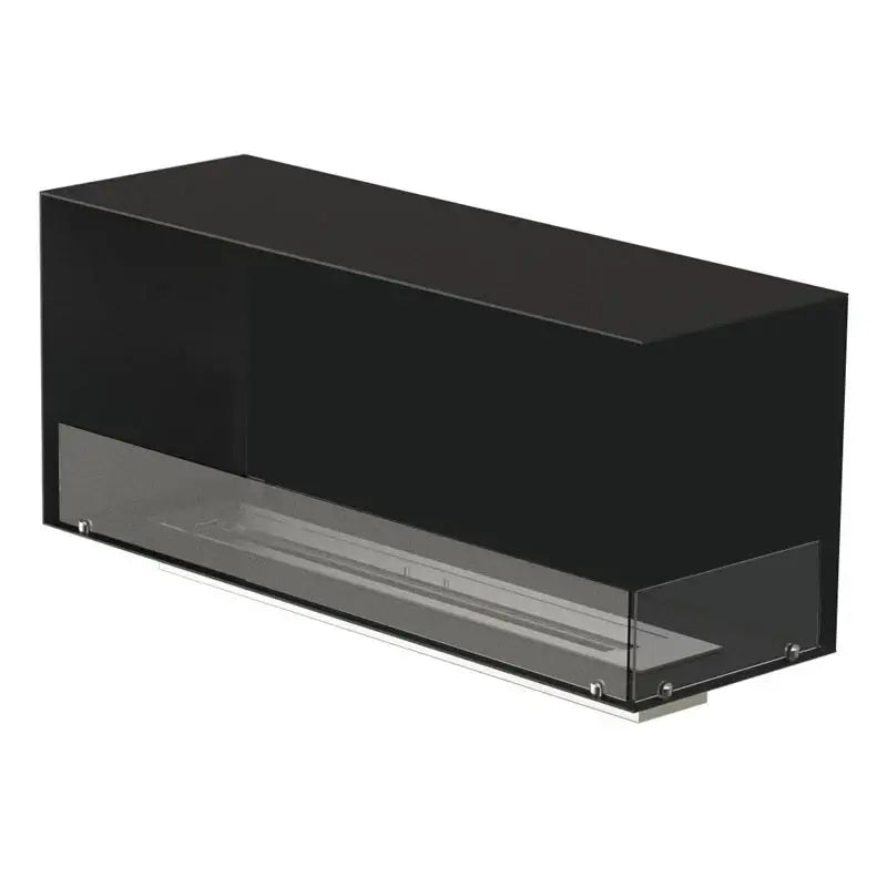 Bioethanol fireplace insert with black powder-coated stainless steel and tempered glass for modern corner installation.
