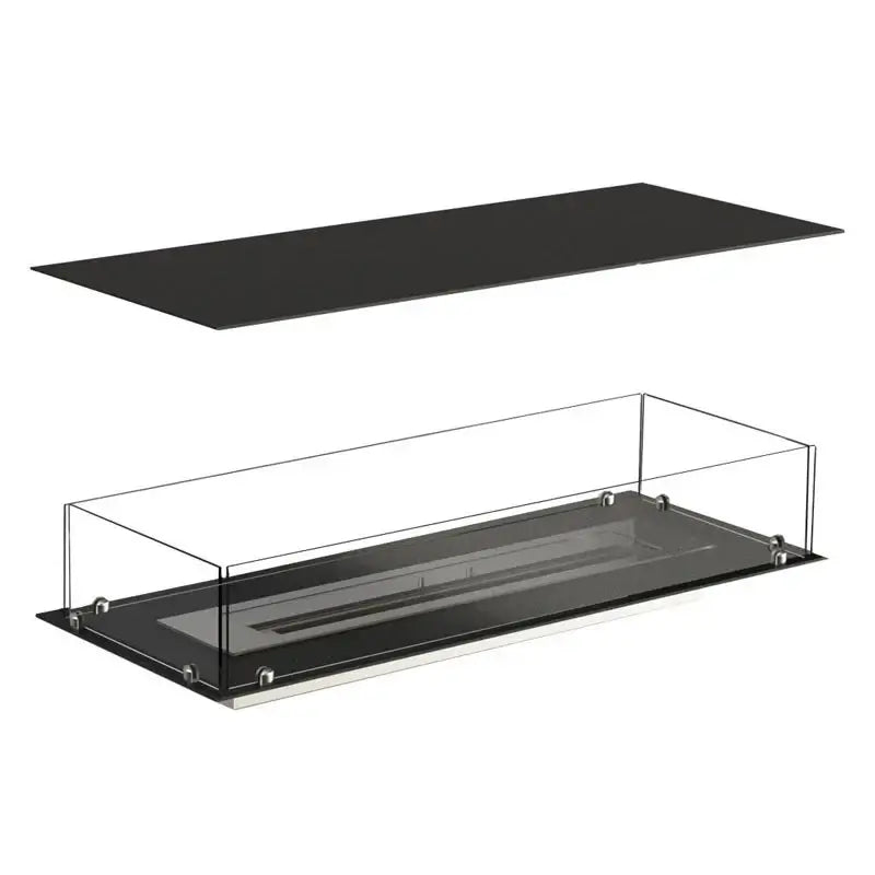 Bioethanol fireplace insert with tempered glass and powder-coated stainless steel for modern built-in installations.