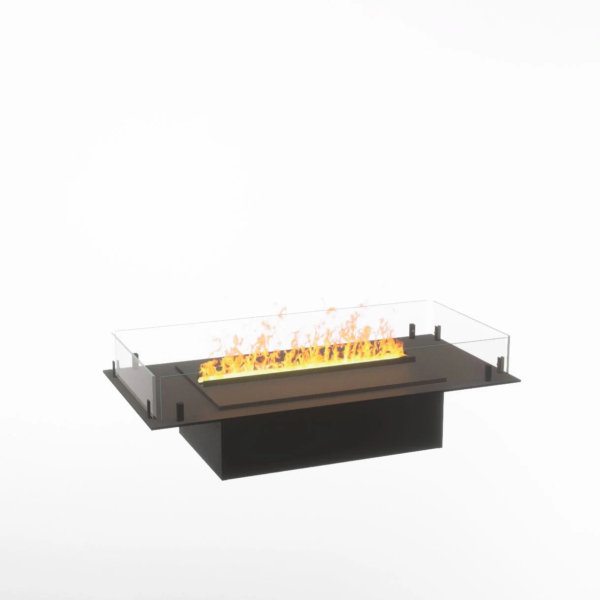 Foco Myst Free 800 fireplace with glass surround and roaring flames, showcasing modern water vapour technology.