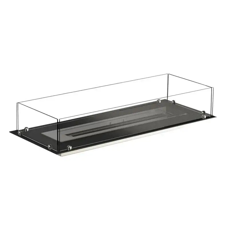 Modern black bioethanol fireplace insert with transparent glass, designed for elegant fire displays.
